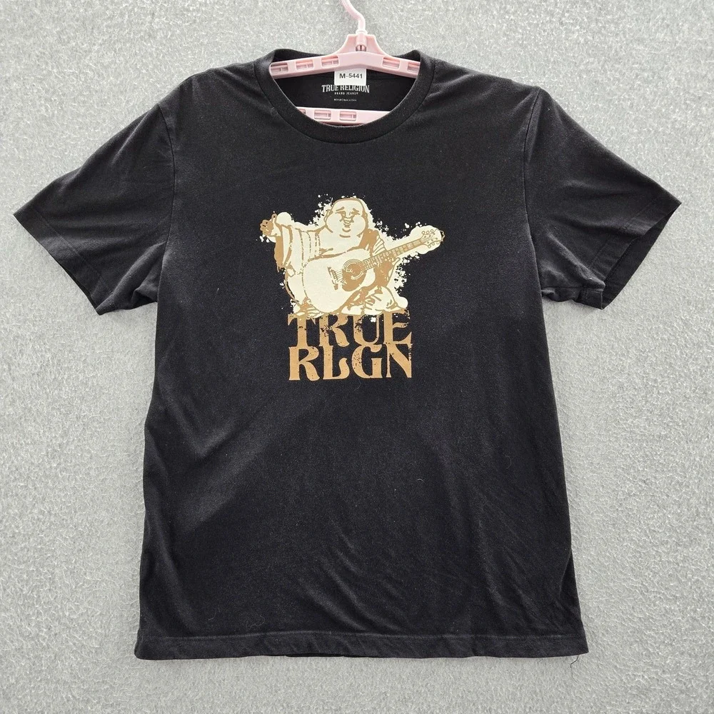 True Religion Men Shirt M Black Graphic Print Guitar Short Sleeve Logo‎ Cotton